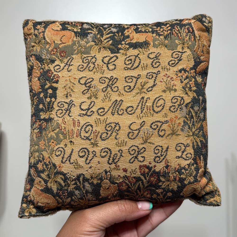 Vintage Tapestry Alphabet Fox and Rabbits Pillow